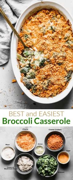 broccoli casserole in a white dish with the title above it