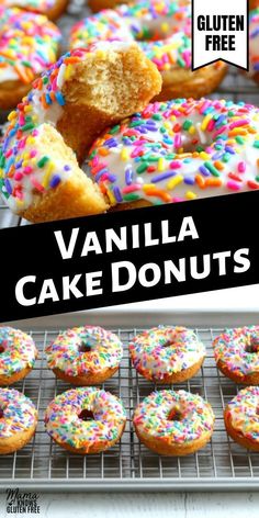 vanilla cake donuts with sprinkles on top and the words gluten free