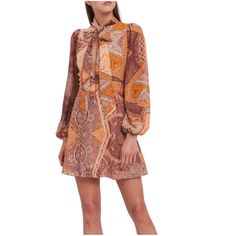 Nwt Divine Heritage Paisley Multi Print Long Sleeve Bow Mini Dress With A Plunge Neck, Elastic Waist And Side Zipper Closure. Lined Size: Xs Color: Orchid (Orange Multi) Material: 100% Polyester Chest: 17.5 In Waist: 13 In Length: 31 In Measurements Are Proximate Laying Down Flat Spring Mini Dress With Fitted Tie Neck, Spring Mini Dress With Tie Neck And Fitted Style, Fitted Mini Dress With Tie Neck For Spring, Elegant Paisley Print Mini Dress For Spring, Fitted Mini Dress With Paisley Print, Fitted Paisley Print Mini Dress For Fall, Fitted Multicolor Paisley Print Mini Dress, Elegant Paisley Print Mini Dress, Chic Fitted Paisley Print Mini Dress