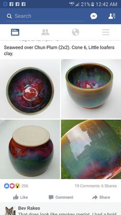 several pictures of different colored bowls on the same page, and one has an image of a flower in it