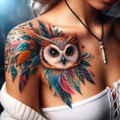 a woman with an owl and feathers tattoo on her chest is looking at the camera