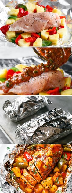 four different images of food being cooked in foil packets and placed on top of each other