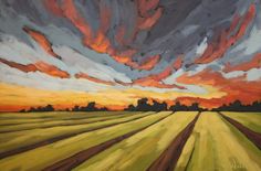 an oil painting of a sunset over a field