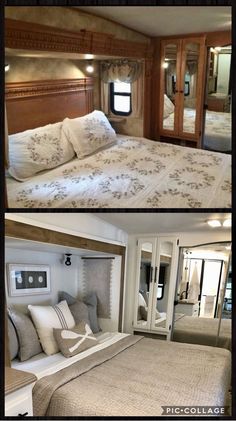 there are two pictures of a bedroom in a trailer