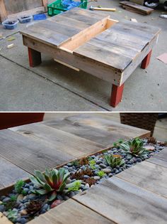 an outdoor table made out of pallet wood with succulents in it