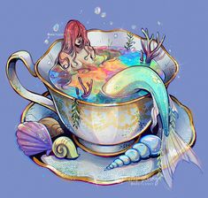 a painting of a mermaid sitting in a bathtub with bubbles and seaweed around it