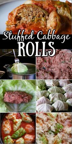 stuffed cabbage rolls with meat and vegetables are shown in this collage, along with the words stuffed cabbage rolls