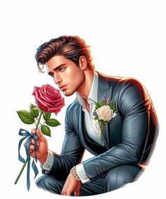 a drawing of a man in a suit holding a rose