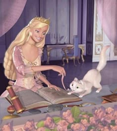 the princess and the cat are playing with each other in front of an open book