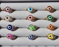 🧿 Evil Eye Rings 🧿 protect your energy! Choose from 15 different evil eye colors. Enter your ring size in personalization box!! Ring sizes 3-15 :) Evil Eye Colors, Evil Eye Rings, Eye Rings, Protect Your Energy, Morgan Hill, Magic Spell Book, Box Ring, Jewelry Dainty, Evil Eye Ring