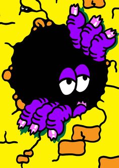 an image of a cartoon character with purple hair and flowers on her head in the middle of a yellow background