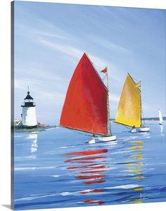 three sailboats in the ocean with lighthouses in the backgrounge and blue sky