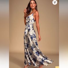 Brand New With Tags, Excellent Condition! Full Price Is $92. Lulus Exclusive! Get Date Night Ready In The Perfectly Sexy Lulus Tea Gardens Navy Blue Floral Print Satin Maxi Dress! Sleek Satin Fabric, With A Navy Blue And Cream Floral Print, Cascades From Adjustable Skinny Straps Into A Sultry Surplice Bodice, And A Fitted Waist, With Sash Belt. Full Maxi Skirt. Hidden Back Zipper/Clasp. Bodice Is Lined. Shell: 96% Polyester, 4% Spandex. Lining: 100% Polyester. Hand Wash Cold. Wash Separately. Co Navy Maxi Dress Wedding, Maxi Dress For Wedding, Tea Gardens, Navy Maxi Dress, Navy Blue Floral Dress, Blue Floral Maxi Dress, Full Maxi Skirt, Maxi Dress Wedding Guest, Dress For Wedding