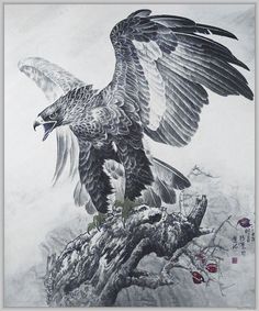 a drawing of an eagle sitting on top of a tree branch with its wings spread