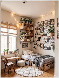 a bedroom with a bed, desk and shelves filled with pictures on the wall above it