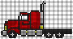 a red truck is shown in the cross stitch pattern on a white background with black and yellow accents