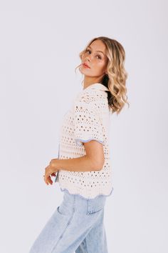 Unwind in style with our Time Well Spent Top. This button-down top features crochet detailing and a waved edge hem, adding a touch of whimsy to any outfit. You'll love the unique and playful touch this top brings to your wardrobe. Details Button-down Crochet Waved edge hem Sizing Approximate measurements: SIZE LENGTH BUST Small 22" 40" Medium 22" 42" Large 24" 44" Fabric has stretchModel is 5’10 wearing small Material 100% AcrylicsHand wash coldLay flat to dry Spring Knit Lace Top, Crochet Trim Short Sleeve Top For Day Out, Knit Lace Top For Spring, Casual Pointelle Knit Lace Top For Spring, Crochet Trim Top With Short Sleeves For Day Out, Casual Spring Lace Top With Pointelle Knit, Crochet Top With Crochet Trim For A Day Out, Summer Top With Scalloped Edges For Day Out, White Tops With Scalloped Edges For Spring