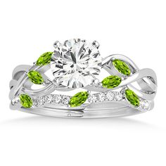 Marquise Peridot & Diamond Bridal Set Setting 18k White Gold (0.43ct) Allurez Jewelry, Peridot Wedding Ring, Peridot Engagement Rings, Wedding Ring Unique, Vine Ring, Leaf Engagement Ring, All That Glitters Is Gold, Equestrian Decor, Detailed Engagement Ring