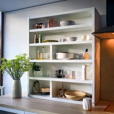 a white shelf filled with lots of dishes next to a vase and potted plant