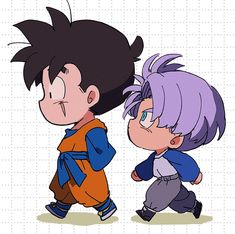 two cartoon characters are walking side by side, one has purple hair and the other is black