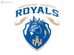 the north east academy royals logo on a white background with blue and gold lettering