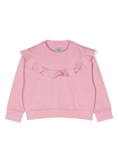 pink cotton ruffled detailing crew neck long sleeves ribbed cuffs and hem Spring Cotton Sweatshirt With Ruffles, Spring Cotton Ruffle Sweatshirt, Spring Cotton Ruffled Sweatshirt, Casual Cotton Sweater With Ruffles, Long Sleeve Sweatshirt With Ribbed Cuffs For Spring, Pink Tops With Ribbed Collar For Spring, Casual Long Sleeve Ruffled Sweatshirt, Casual Long Sleeve Ruffle Sweatshirt, Spring Cotton Sweatshirt With Ribbed Collar