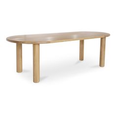 a wooden table with two legs and a long oval shaped top, on a white background