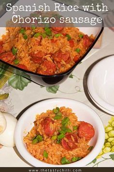 spanish rice with chorizo sausage in a bowl