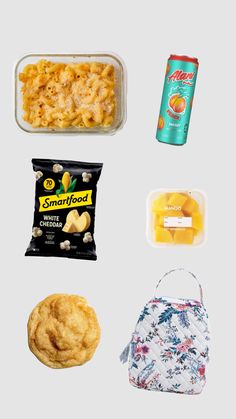 some food items are arranged on a white background