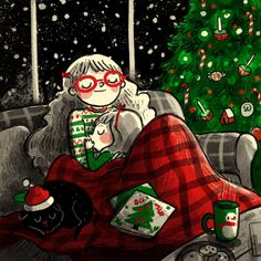 a drawing of a woman sitting on a couch in front of a christmas tree wearing glasses