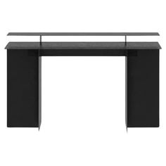 a black desk with two glass shelves on top and one shelf below it, against a white background