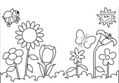 a flower garden with flowers and butterflies in the background, coloring pages for children to color