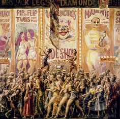 an image of a circus scene with clowns on the stage and people in costume