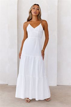 Length from bust to hem of size S: 125cm. 
 Chest: 35cm, Waist: 30cm, across front only of size S. 
 Maxi dress. 
 Lined. 
 Model is a standard XS and is wearing size XS. 
 True to size. 
 Non-stretch. 
 Embroidered fabrication. 
 Elastic back. 
 Tie-up back. 
 Slip on. 
 Cold hand wash only. 
 Main: Cotton Lining: Polyester/Spandex. 
 
 
 
 
 
 
 
 
 Please Note: This product is a Exclusive.  
 
 
 
 
 
 
 
 
 
 Enter your dreamiest era yet with the It's Warming Up Maxi Dress. Featuring a gorge White Summer Maxi Dress, Cocktail Chic, White Cocktails, Maxi Dress White, White Cocktail, Beachy Waves, Maxi Robes, Warming Up, Skirt Style