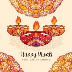 happy diwali festival of lights with colorful floral patterns and candles on white background