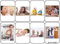 multiple pictures of children eating and drinking in the same room, with one child looking up