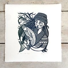 a drawing of a woman holding a fish in her hand and wearing a knitted hat