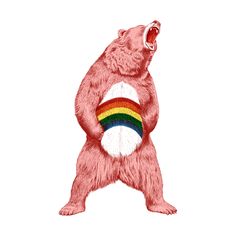 a bear holding a rainbow ball with its mouth open and it's tongue out