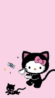 a hello kitty wallpaper with a black cat and kitten on it's back