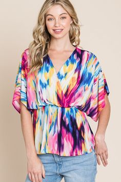 Watercolor Splash Peplum Top - Joy & Country Batwing Sleeve Blouse, Flowy Fabric, Surplice Neckline, Trendy Prints, Plus Size Jumpsuit, Peplum Blouse, Maxi Dress Formal, Graphic Tops, Peplum Hem