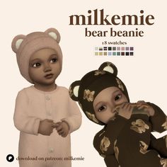 two babies dressed in bear costumes standing next to each other with the caption milkme bear beanie