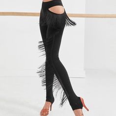 Fringe Leggings Fitted Fringe Pants For Party, High Waisted Fitted Bottoms With Fringe, Fitted High Waist Bottoms With Fringe, Fitted Bottoms With Fringe For Night Out, Fitted Fringe Bottoms For Night Out, Stretch Black Bottoms With Fringe, Black Stretch Fringe Bottoms, Black Fringe Stretch Bottoms, Black Stretch Bottoms With Fringe