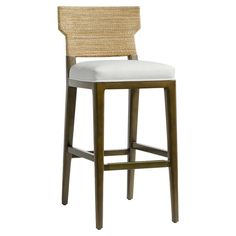 an upholstered bar stool with a white cushion on the seat and backrest