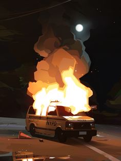 a police car is on fire in the dark