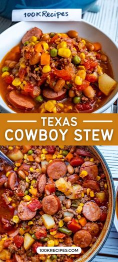 two pictures showing different types of chili and beans in a bowl with the words texas cowboy stew