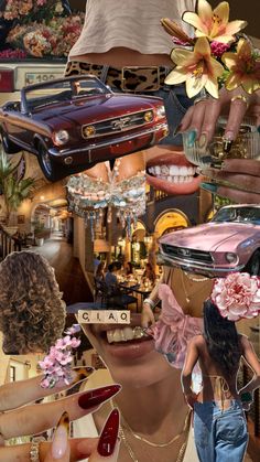 a collage of photos with women, cars and flowers on the top of them