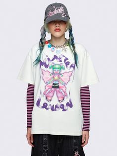 Step into a fairytale with our Off-White Oversized Graphic T-shirt by Minga London. Adorned with a pink fairy graphic print, it's a dreamy nod to Y2K nostalgia. Korean Fashion Aesthetic, 2000s Clothing, Minga London, Asian Streetwear, Summer Cotton Tops, Ootd Outfits, Concept Board, Streetwear Summer, Y2k Clothes