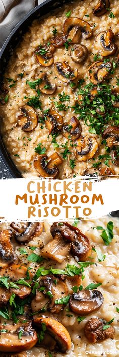 chicken mushroom riso in a skillet with parsley on top and the words chicken mushroom riso above it