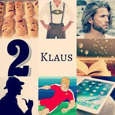 there are many different pictures with the words klauus on them and an image of a man holding a book