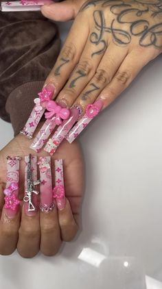 Pink Long Acrylic, Very Long Nails, Extremely Long Nails, Long Acrylic Nails Kawaii, Xxl Pink Nails, Xxl Hello Kitty Nails, Xxl Kawaii Nails, Crazy Acrylic Nails, Long Pink Hello Kitty Nails